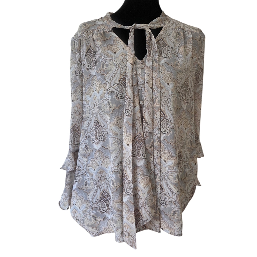 White House Black Market Paisley Tie-Neck Blouse Blue Depths With Ecru